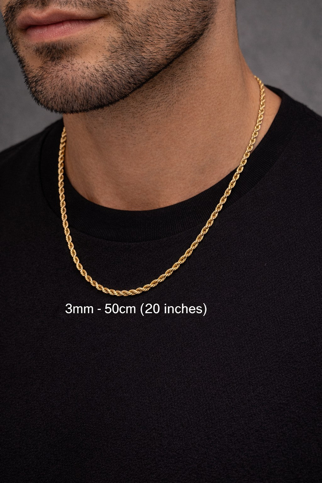 Men’s 18K Gold Plated Rope Chain Necklace Brass 3mm x 50cm (20in)2