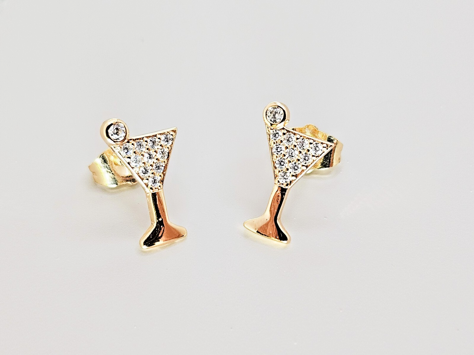 18K Gold Stud Earrings with White Clear Cubic Zirconia Cocktail Wine Glass0