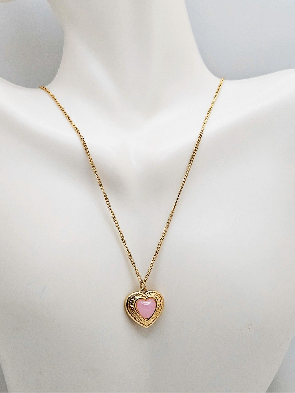18K Gold Plated Stainless Steel Heart Pendant Necklace, Heart Pink Stone1