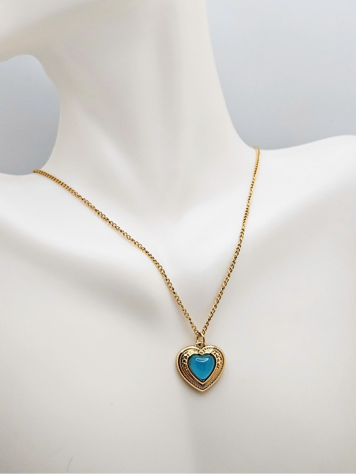 18K Gold Plated Stainless Steel Heart Pendant Necklace, Heart Turquoise Stone3