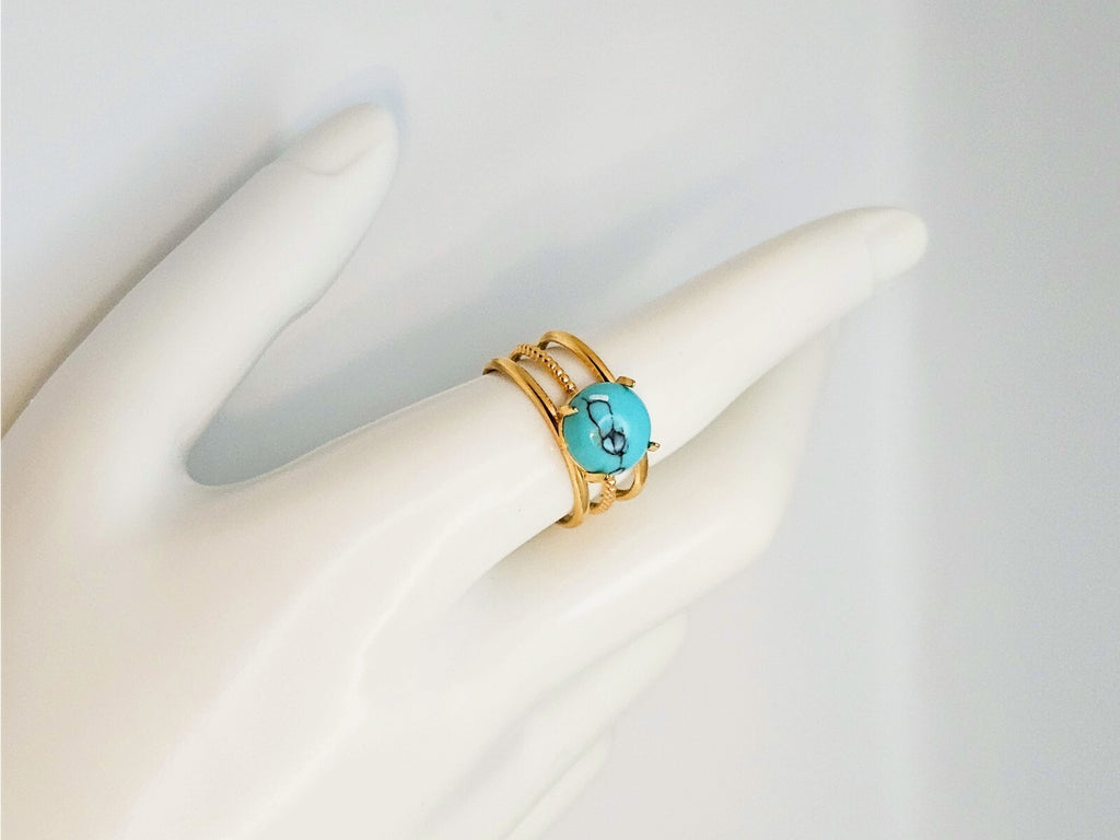 18K Gold Plated Open Adjustable Turquoise Stone Ring, Stainless Steel Jewelry4