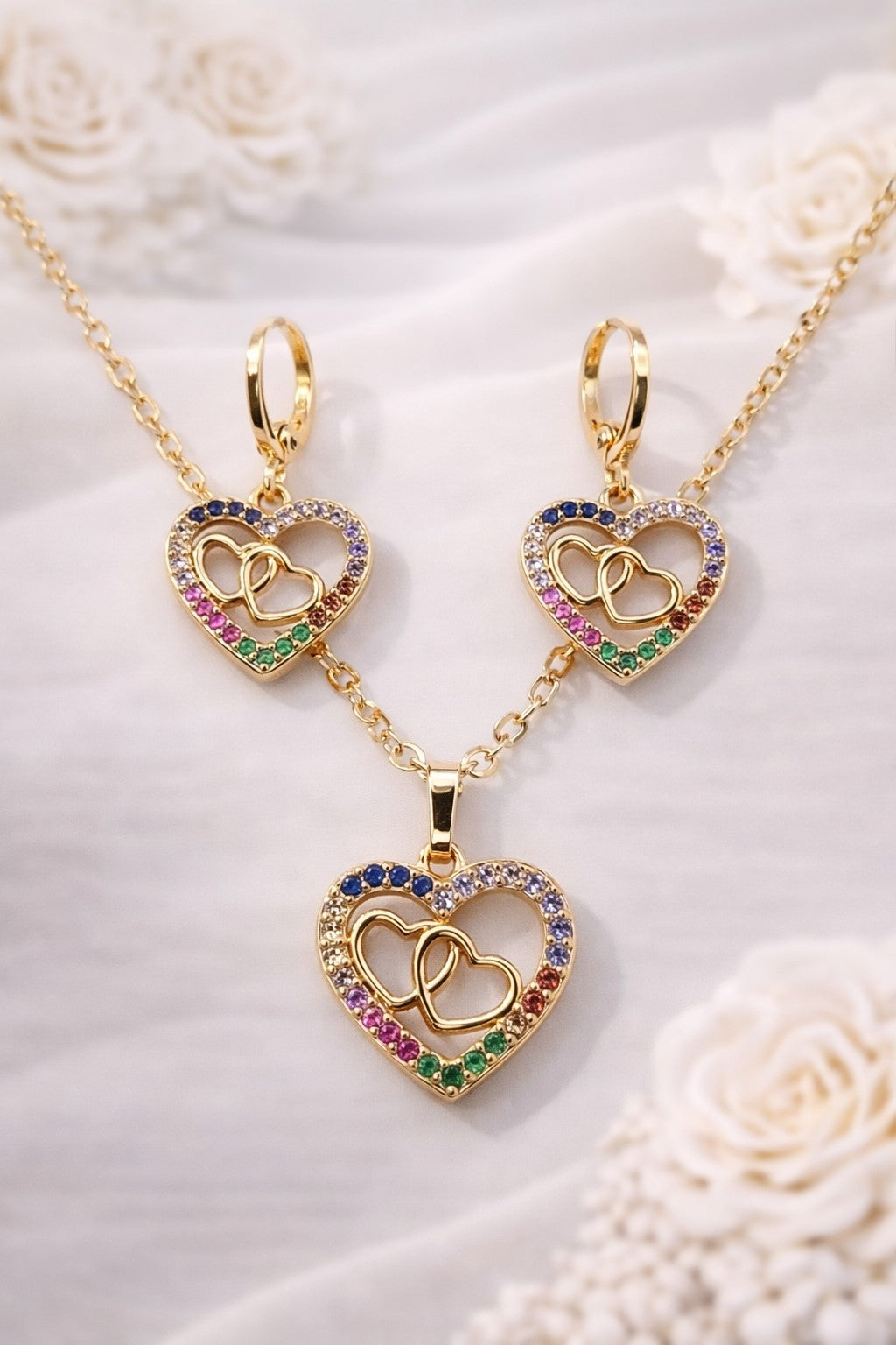 18K Gold Plated Heart Jewelry Set Multi- Color CZ Necklace & Earrings0