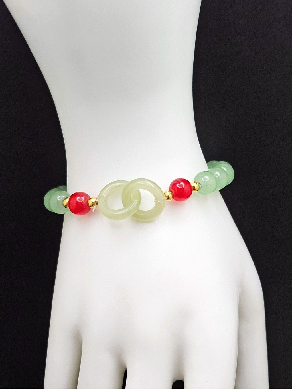 Crystal Jade Beaded Bracelet, Interlocking Circle Beads with Red Accents Charms3