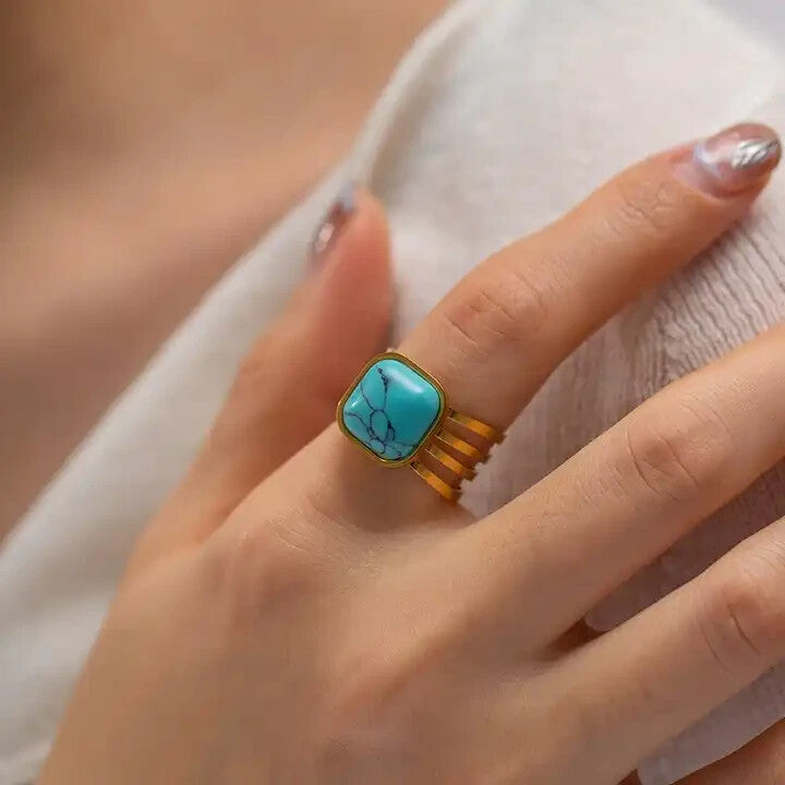 New Trend 18K Gold Plated Open Turquoise Stone Adjustable Ring, Stainless Steel6