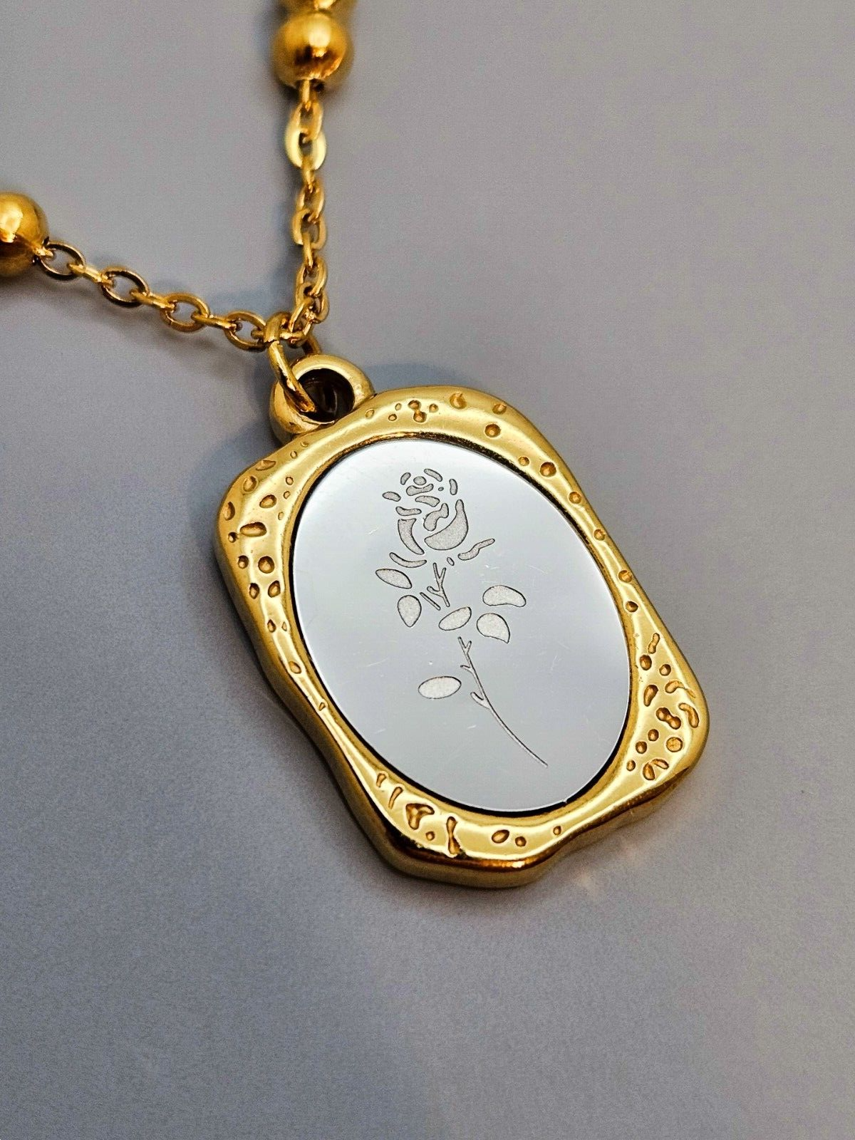 18k Gold Rose Square Necklace, Vintage Design, Stainless Steel, For Women1