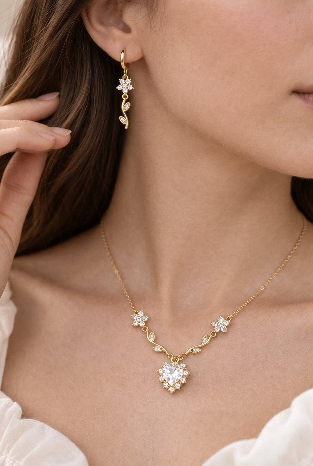 18K Gold Plated CZ Flower & Heart Necklace Earrings Set | Elegant Dangle Jewelry3