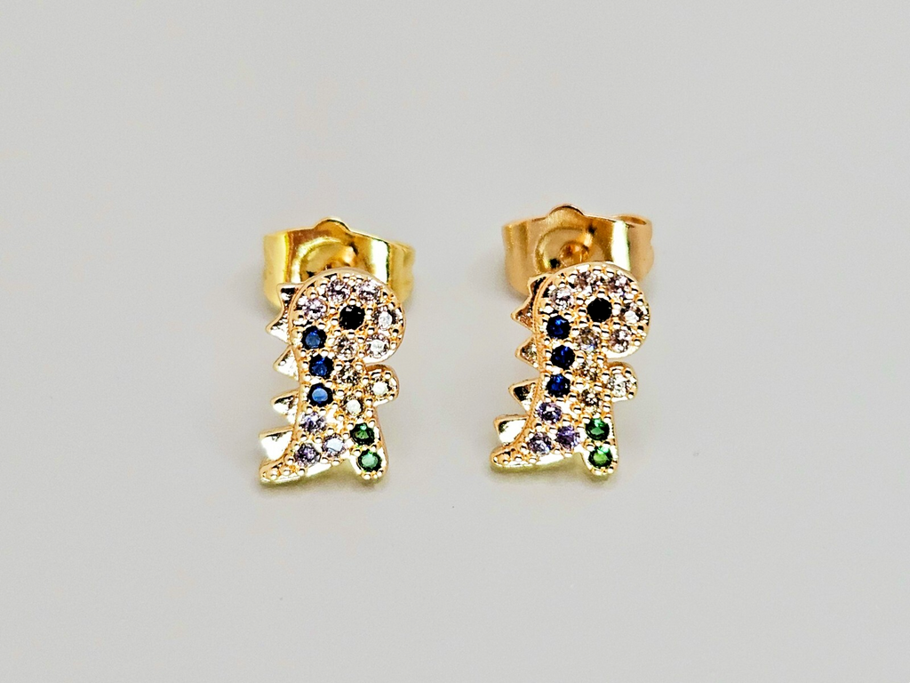 18K Gold with Multi Color Cubic Zirconia Dinosaur Stud Earrings for All Ages0