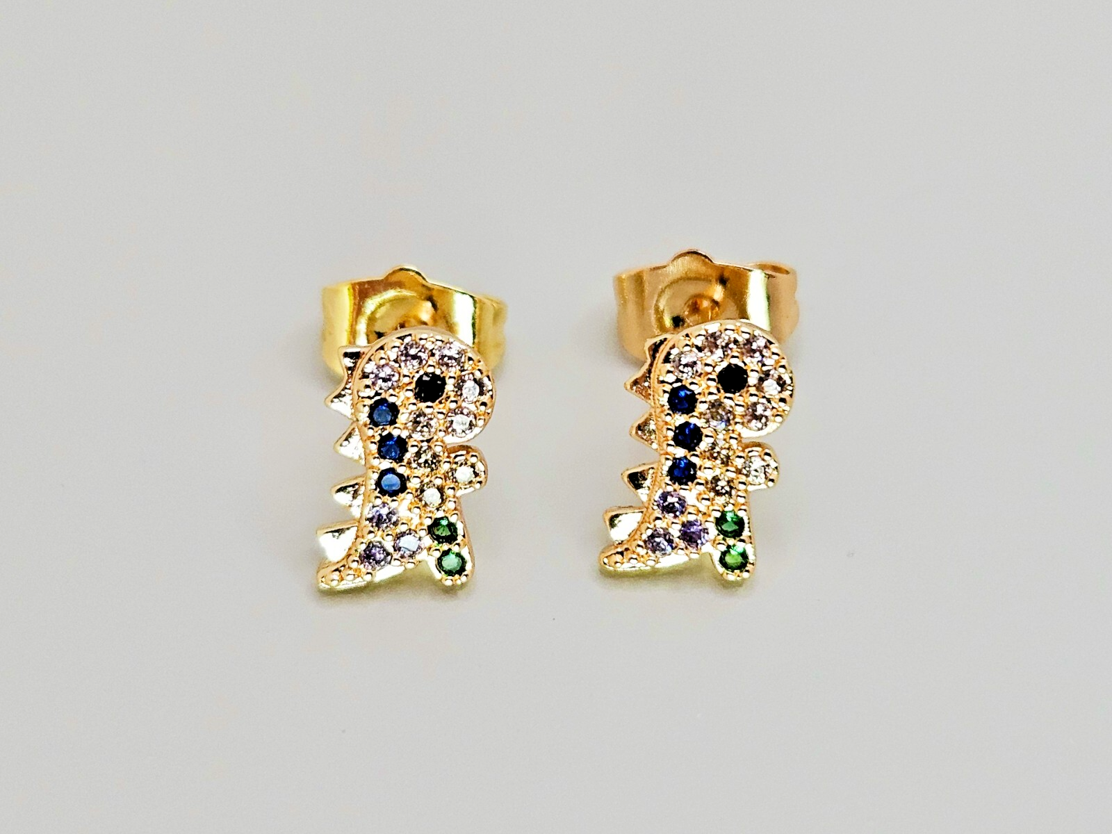 18K Gold with Multi Color Cubic Zirconia Dinosaur Stud Earrings for All Ages0