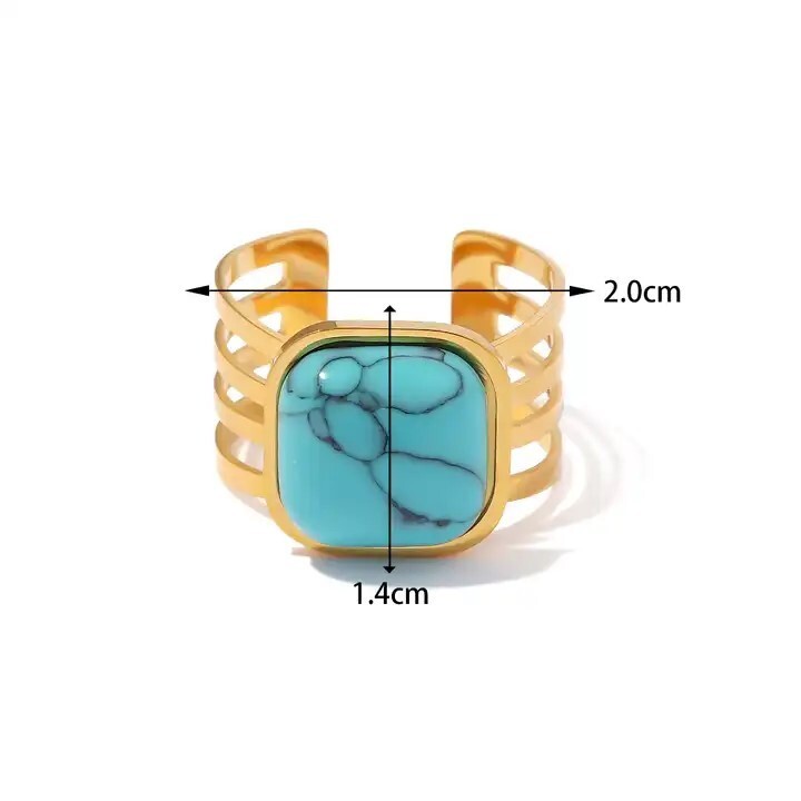 New Trend 18K Gold Plated Open Turquoise Stone Adjustable Ring, Stainless Steel5