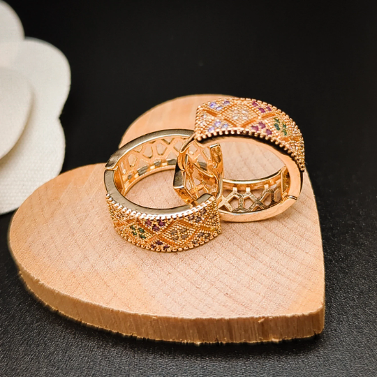 18K Gold Plated Design Hoop Earrings, with Multi-Color Cubic Zirconia0