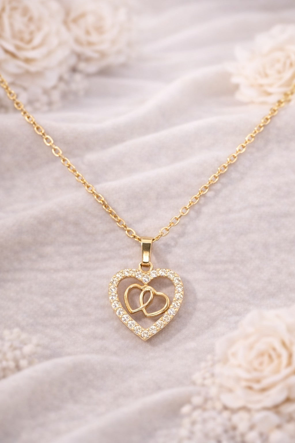 18K Gold Plated Double Heart CZ Jewelry Set Necklace & Earrings Gift2