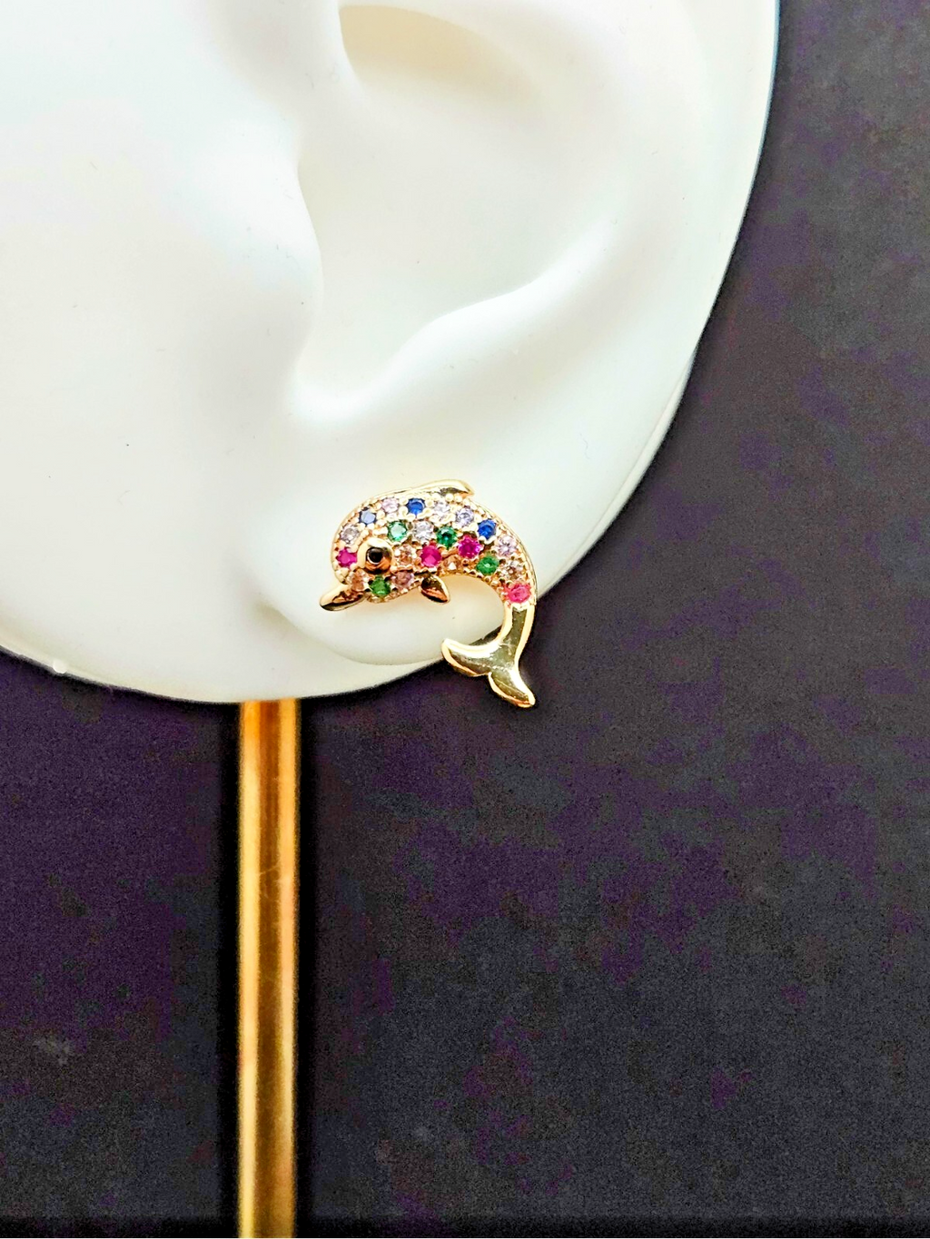 18K Gold with Multi Color Cubic Zirconia Dolphin Stud Earrings1