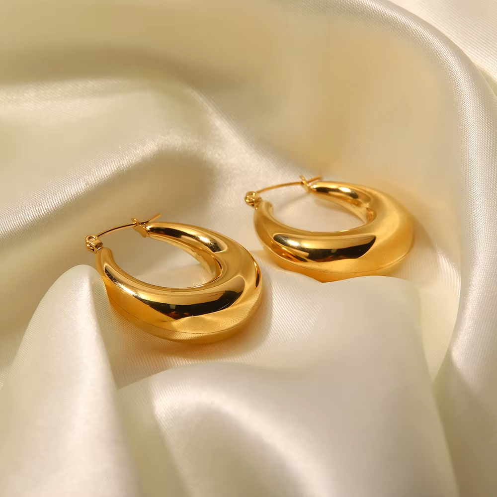 18K Gold Plated Stainless Steel Classic Smooth Thick Hoop Earrings for Women4
