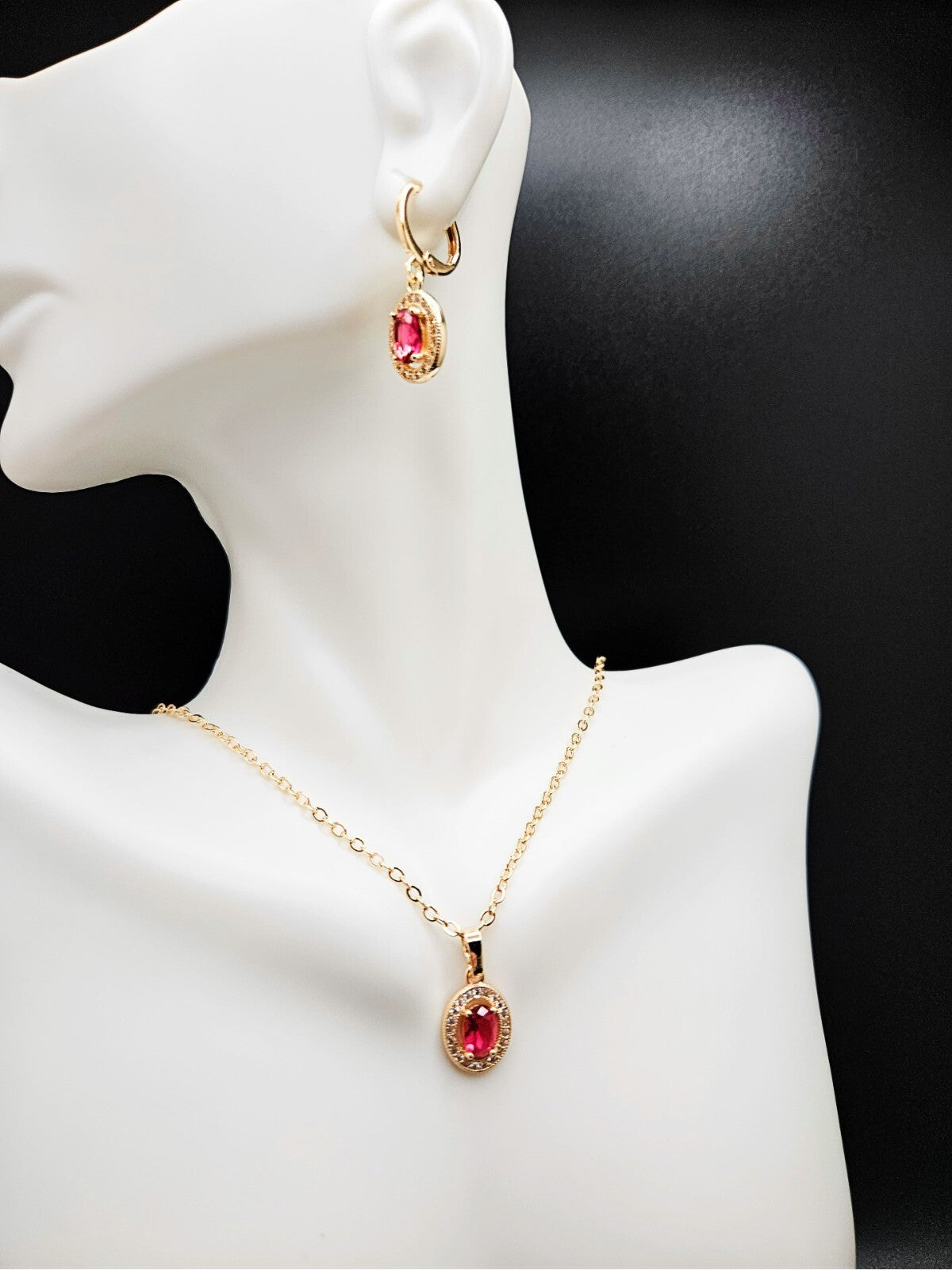 Necklace and Earring set 3 piece 18K Gold with Red and White Cubic Zirconias2