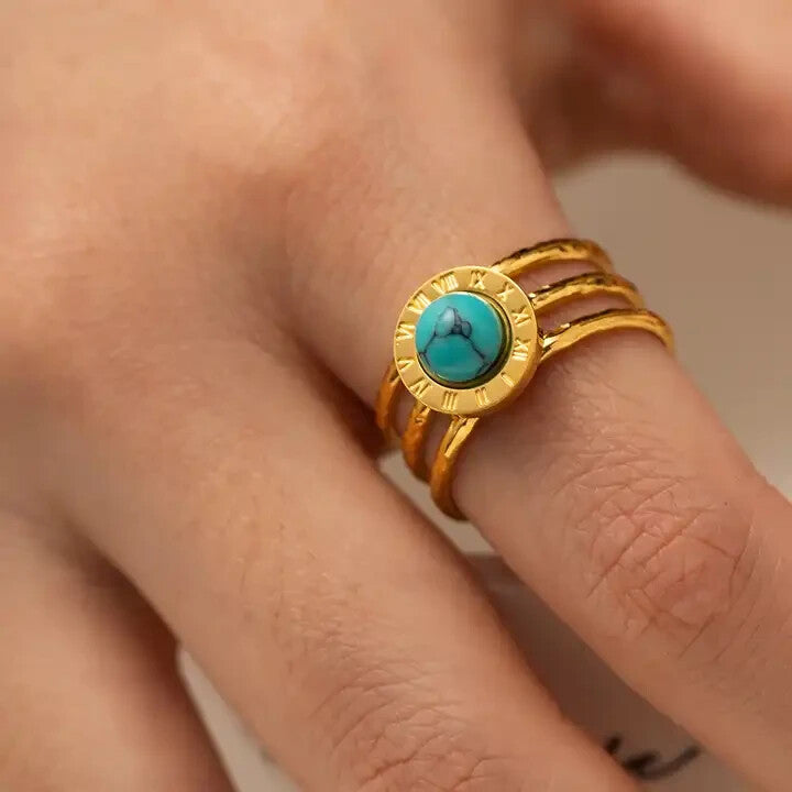 18K Gold Plated Adjustable Three Layer Roman Ring, Turquoise Open Ring for Women6