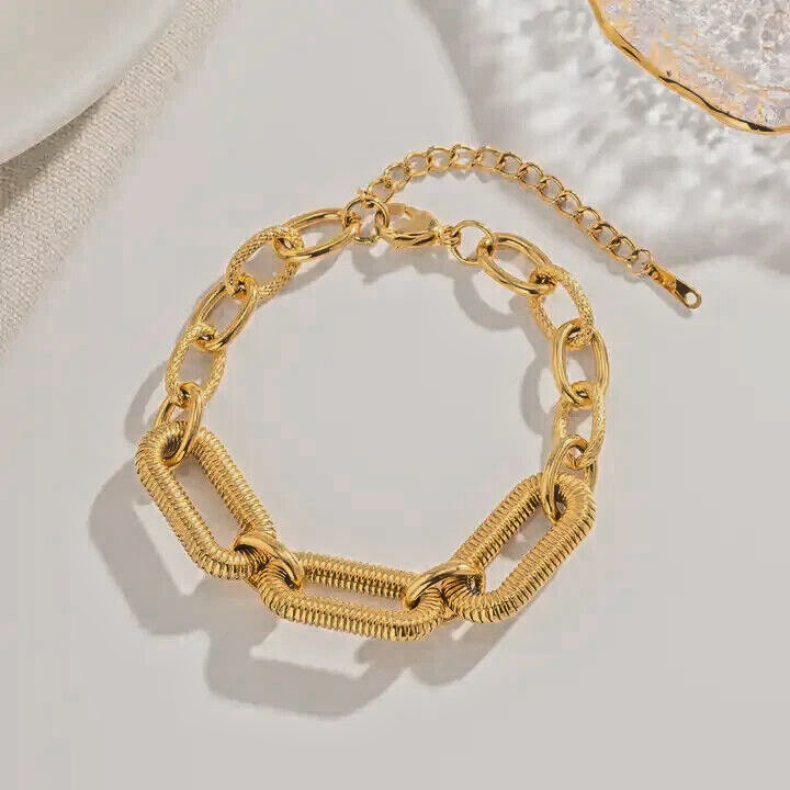 18K Gold Plated Stainless Steel Paper Clip Bracelet Chunky Chain for Women0