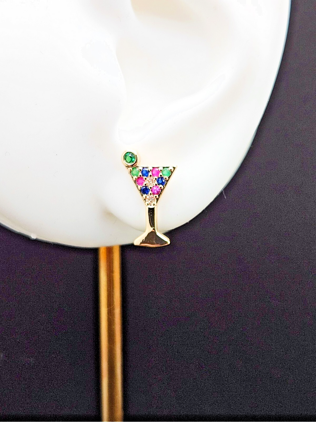 18K Gold Stud Earrings with Multi Color Cubic Zirconia Cocktail Wine Glass1
