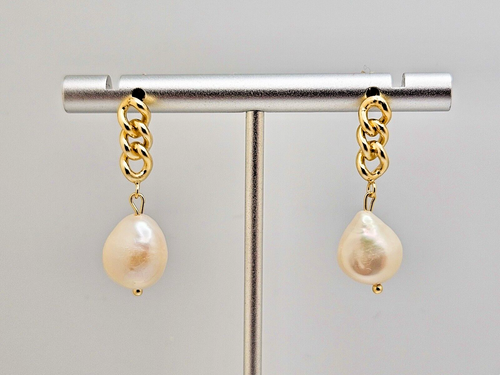 14K Gold Plated Freshwater Pearls Stud Drop Earrings with Cuban Link1