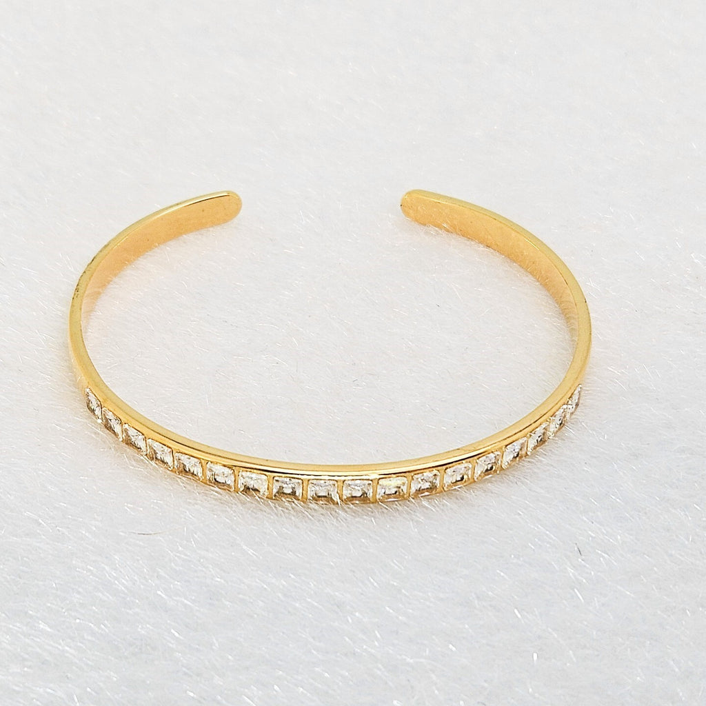 18K Gold Plated Cuff Bangle with Cubic Zirconia Accent, Stainless Steel Bracelet0