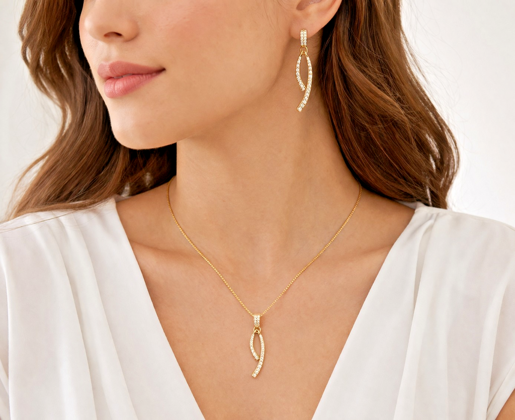 18K Gold Plated Brass CZ Necklace And Dangle Earrings Set Free Moving Design3