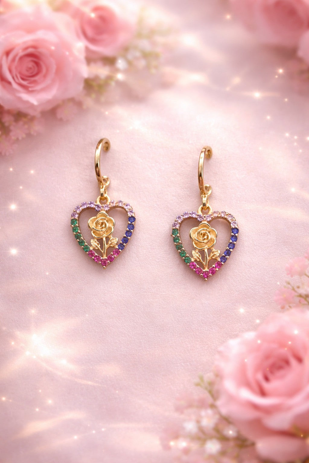 18K Gold Plated Heart Jewelry Set Multicolor Rose Necklace Earrings3