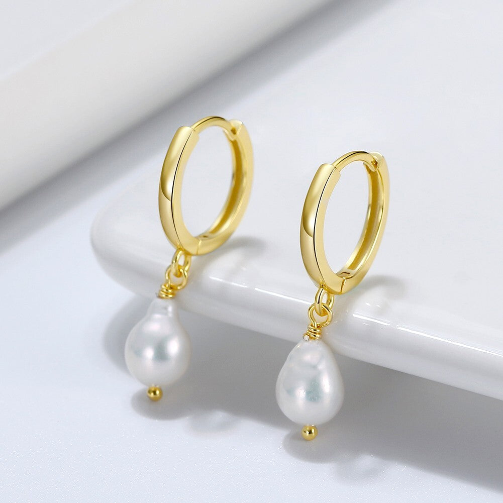 14K Gold Plated Drop Hoop, Cultured Freshwater Pearls Earrings1