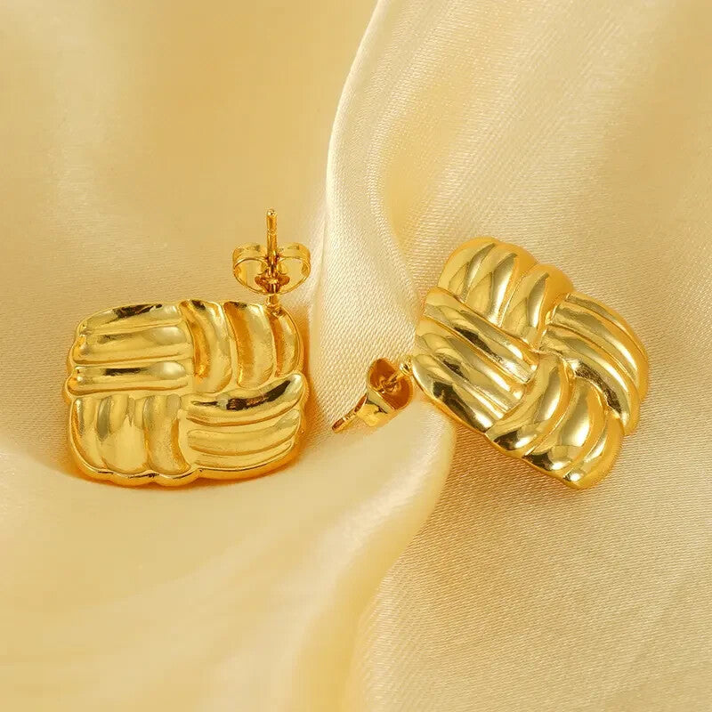 18K Gold Plated Square Stud Earrings Women Bold Woven Vintage Look 21mm7