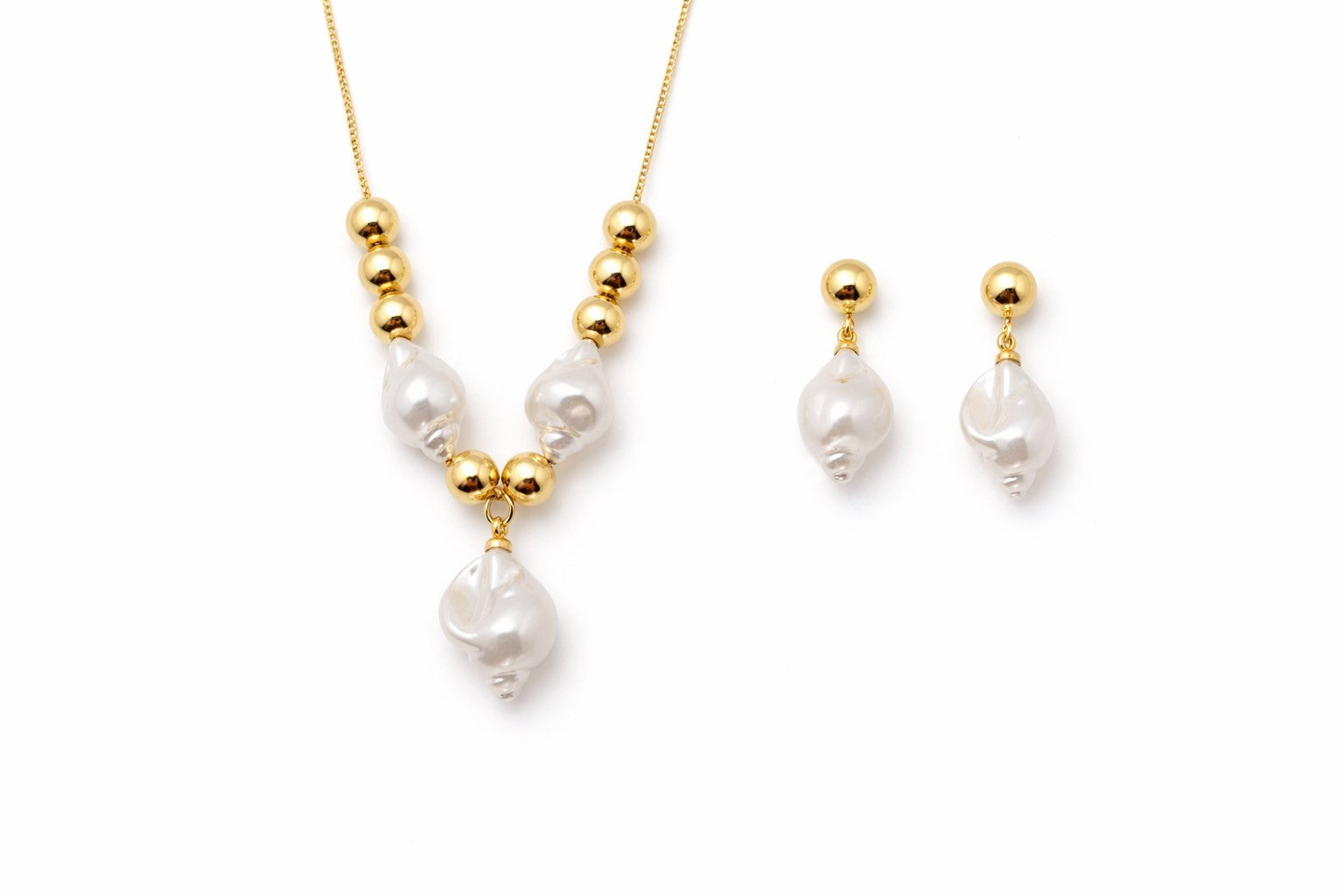 18K Gold Plated Jewelry Set Necklace & Earrings Faux Pearl Shell Gift for Women0