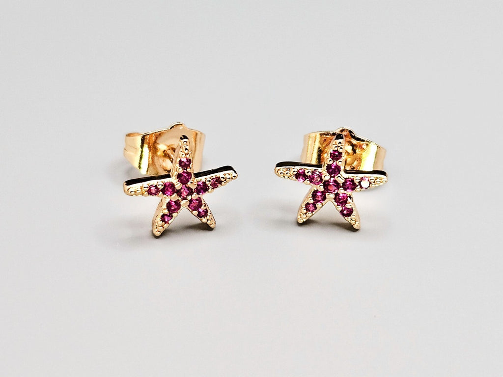 Starfish Stud Earrings, 18K Gold Plated Brass Studs, Garnet Stud Earrings0