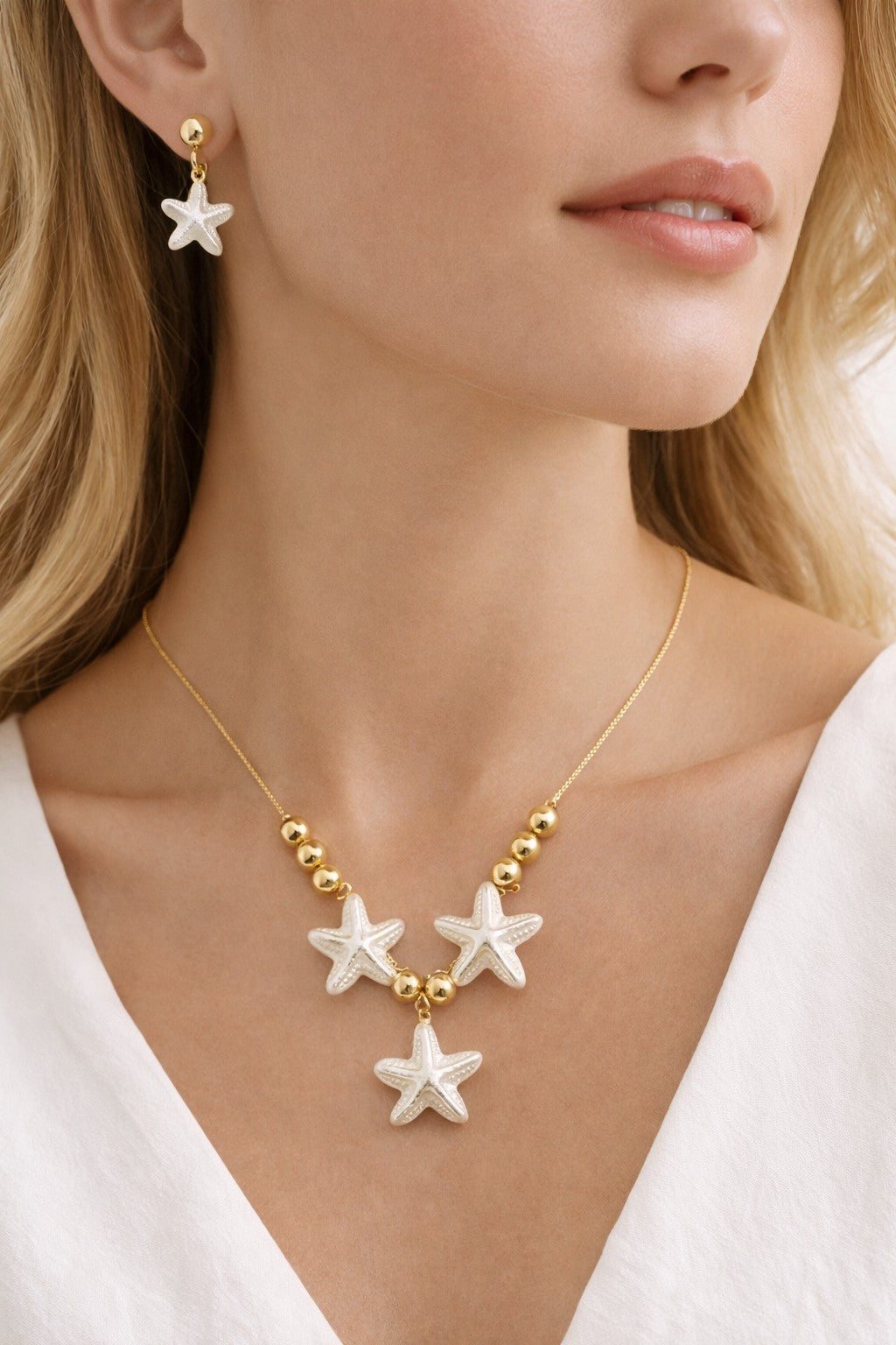 18K Gold Plated Starfish Jewelry Set Faux Pearl Necklace & Earrings Adjustable5