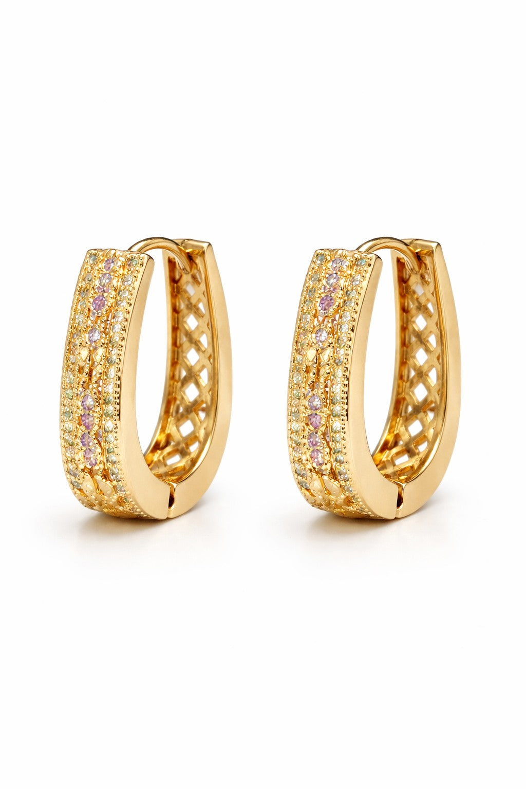 18K Gold Hoop U Shaped Earrings Multi Color Cubic Zirconia3