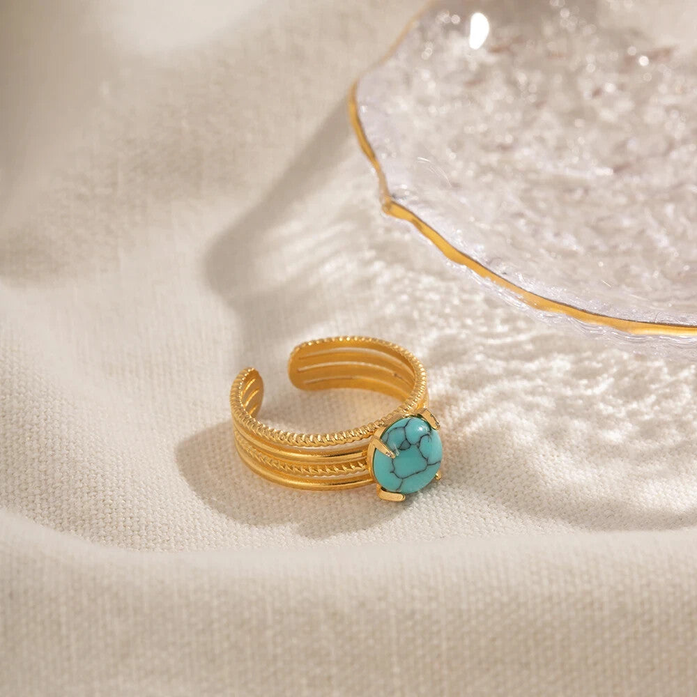 18K Gold Plated Open Turquoise Stone Ring, Stainless Steel Jewelry for Women4