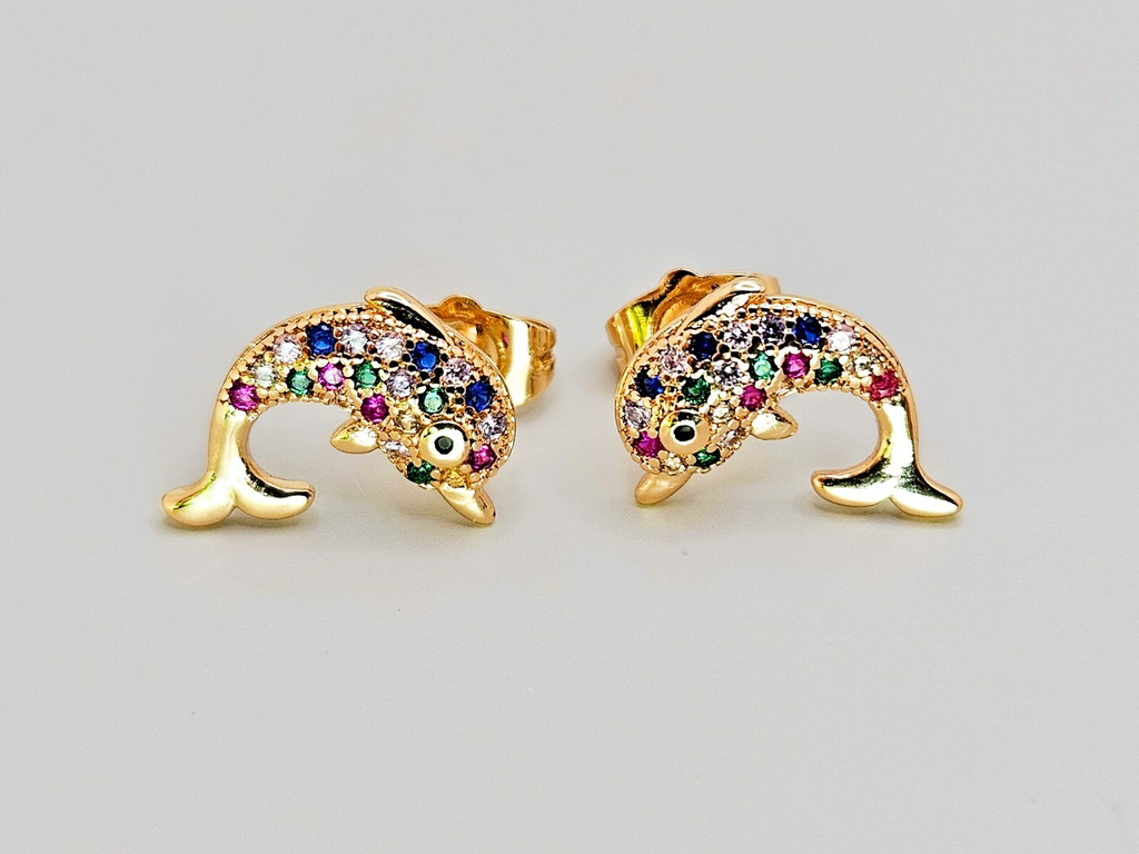 18K Gold with Multi Color Cubic Zirconia Dolphin Stud Earrings0