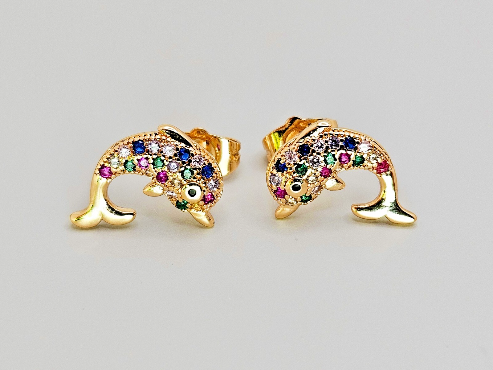 18K Gold with Multi Color Cubic Zirconia Dolphin Stud Earrings0