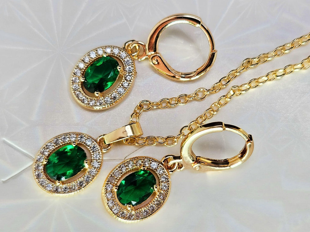 Necklace and Earring set 3 piece 18K Gold with Green and White Cubic Zirconias2