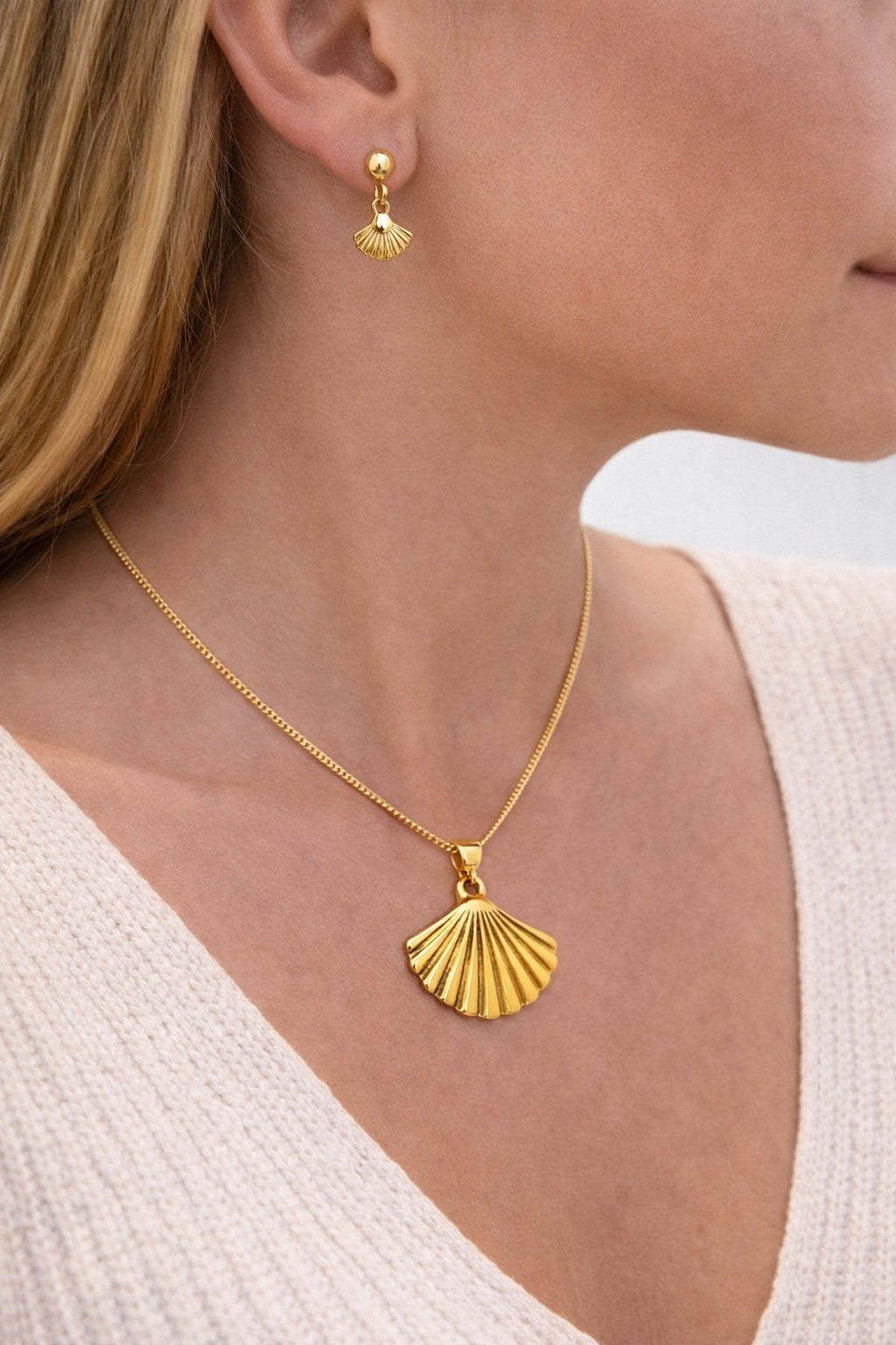 18K Gold Plated Shell Earrings & Chunky Necklace Coastal Beach Jewelry Set 5