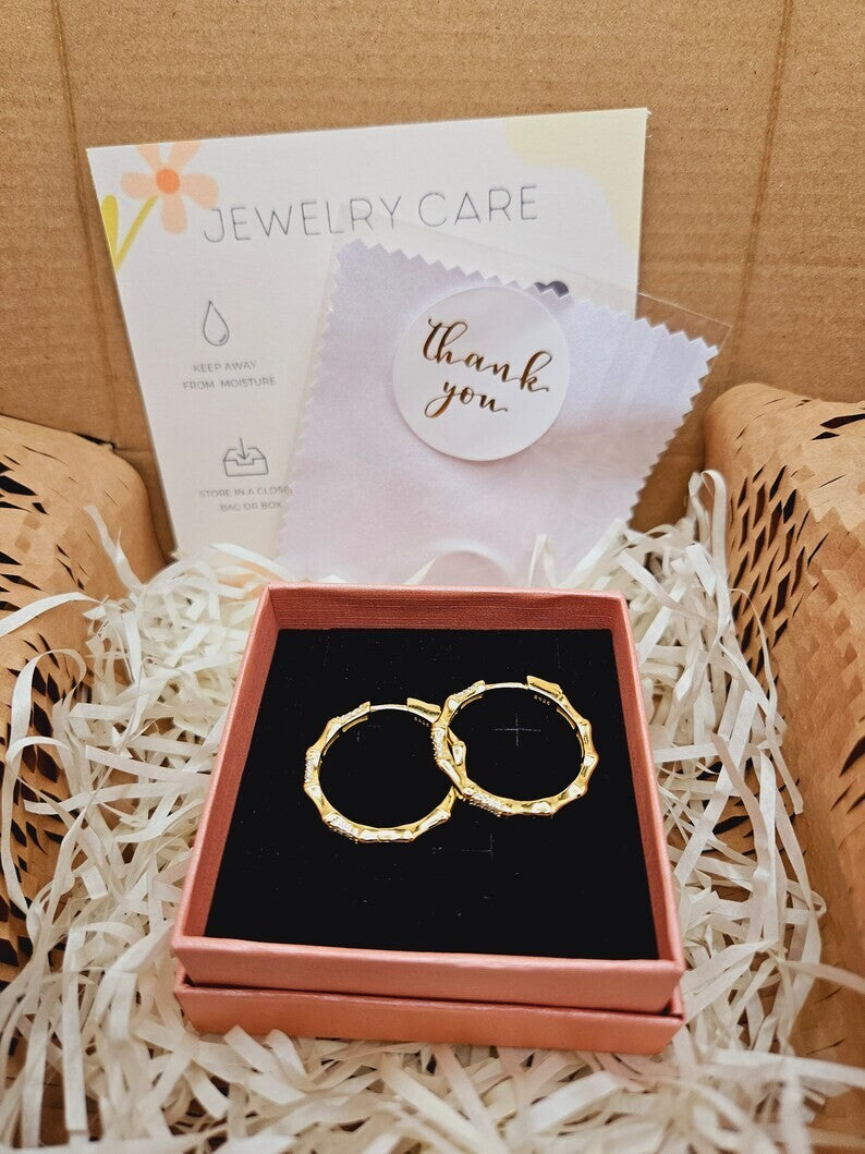 18K Gold Plated Sterling Silver Bamboo Hoop Earrings Clear CZ Elegant Gift6
