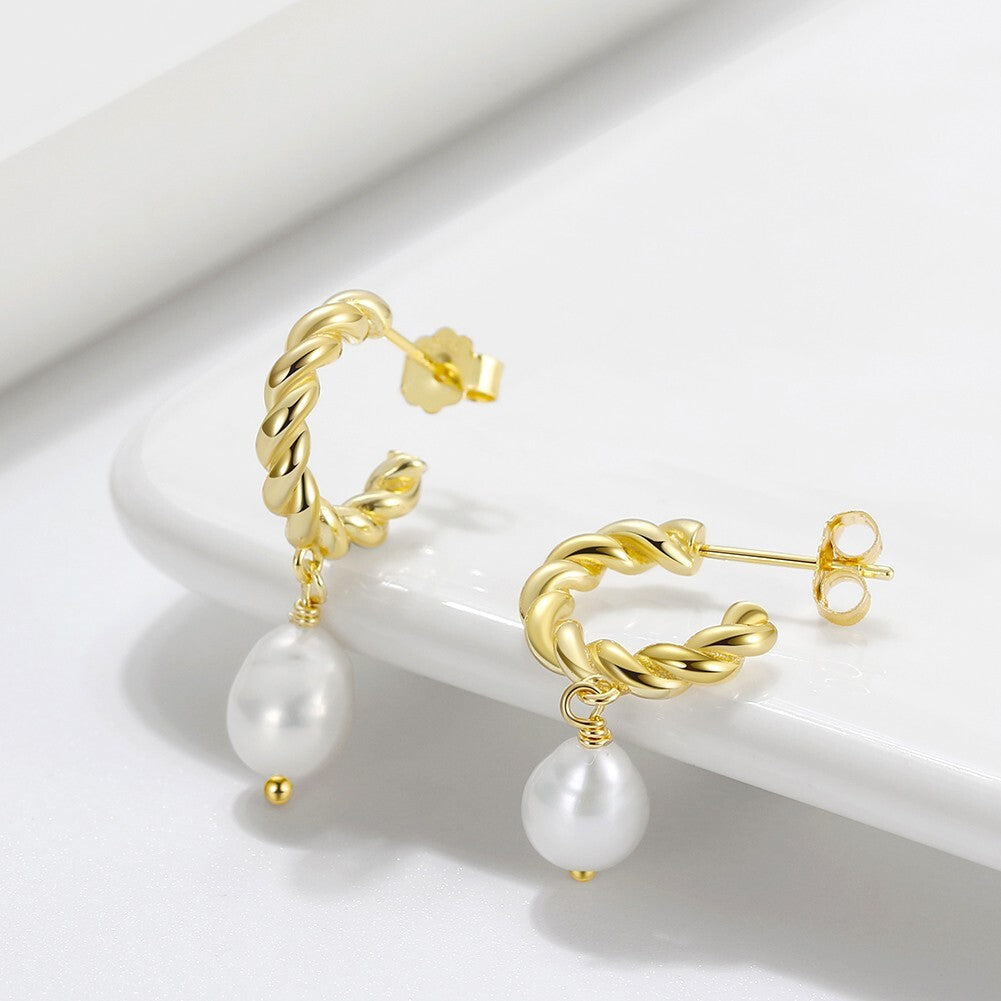 14K Gold Plated, Cultured Freshwater Baroque Pearl Stud Hoop Earrings3