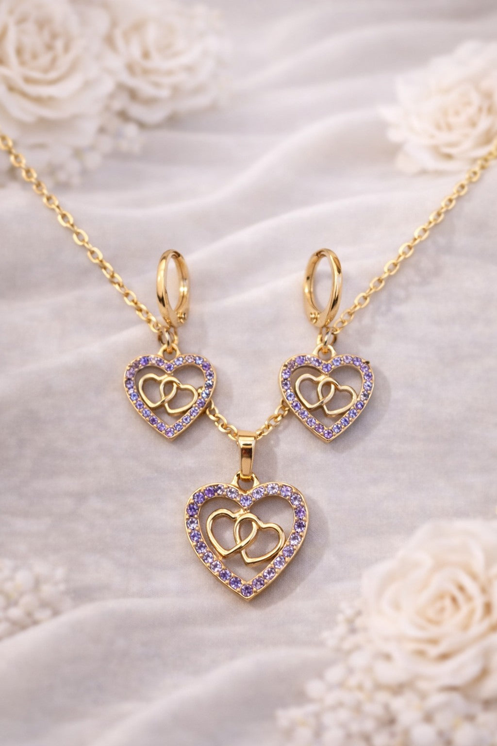 18K Gold Plated Heart Jewelry Set Amethyst CZ Necklace & Earrings0