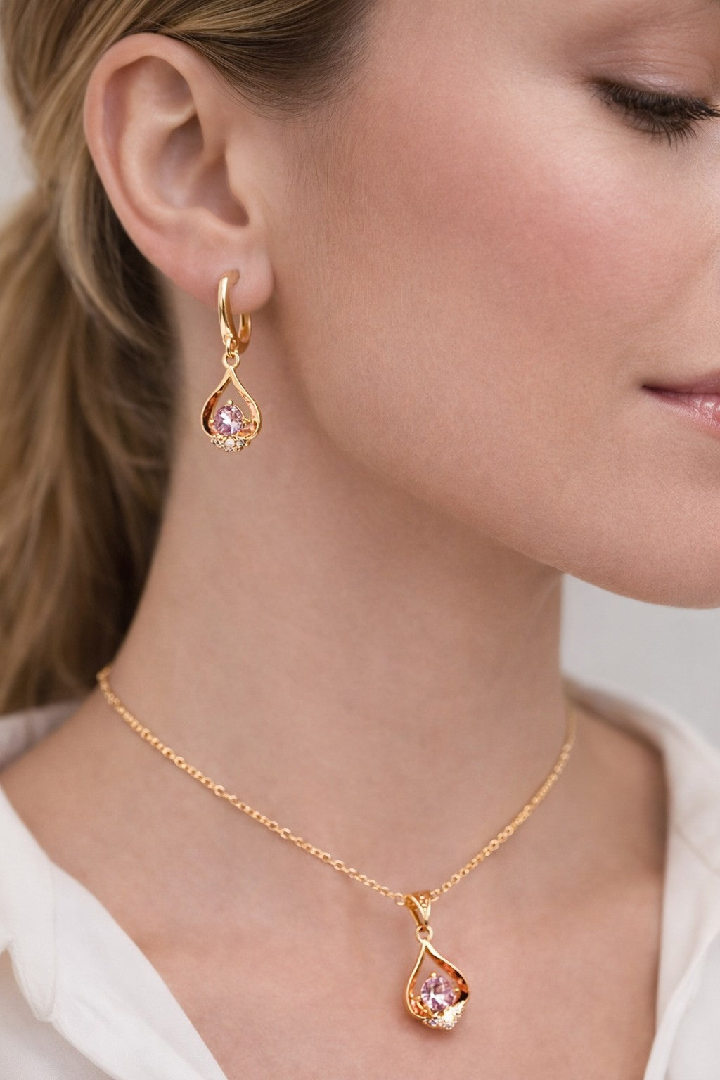 18K Gold Plated Necklace and Earring set 3 piece with Soft Pink & Cubic Zirconia0