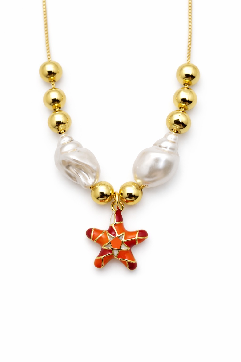 18K Gold Plated Coral Starfish Pearl Necklace &Earrings Set Adjustable 18”2