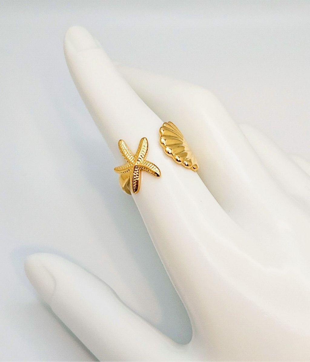 18K Gold Plated Shell and Starfish Design, Adjustable Open Ring for Women3