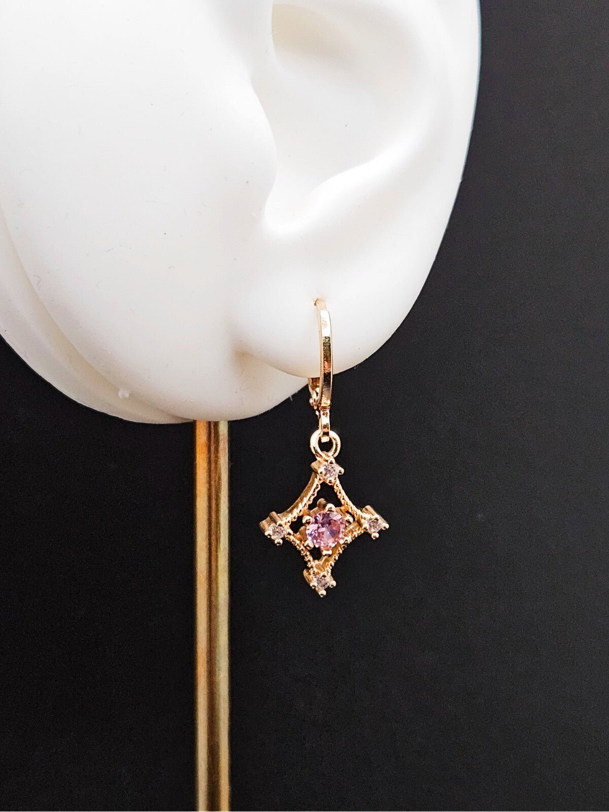 Huggie Drop Earrings 18K Gold with Pink Cubic Zirconia2