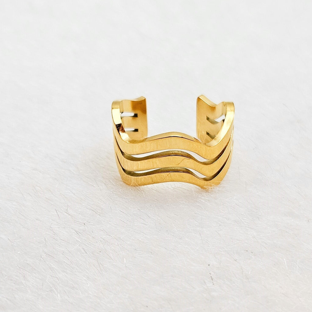 18K Gold Plated Chunky Three Layer Wave Open Ring, Stainless Steel Jewelry0