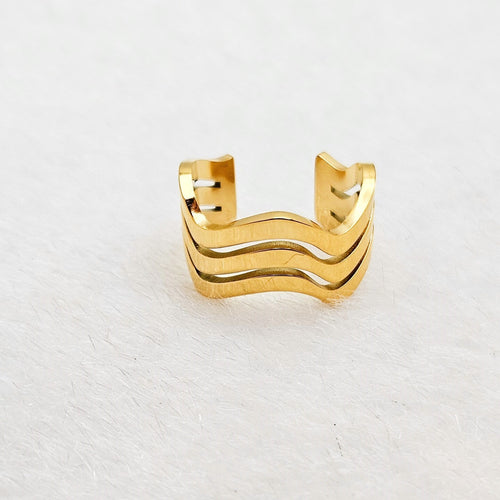 18K Gold Plated Chunky Three Layer Wave Open Ring, Stainless Steel Jewelry0