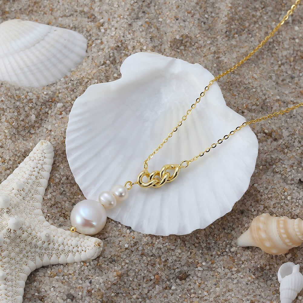 14K Gold Plated Baroque Freshwater Pearl Chain Necklace, Unique Jewelry2