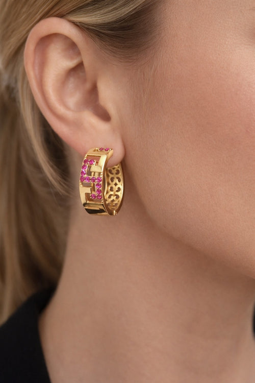 18K Gold Greek Key Hoop Earrings Pink Ruby Cubic Zirconia0