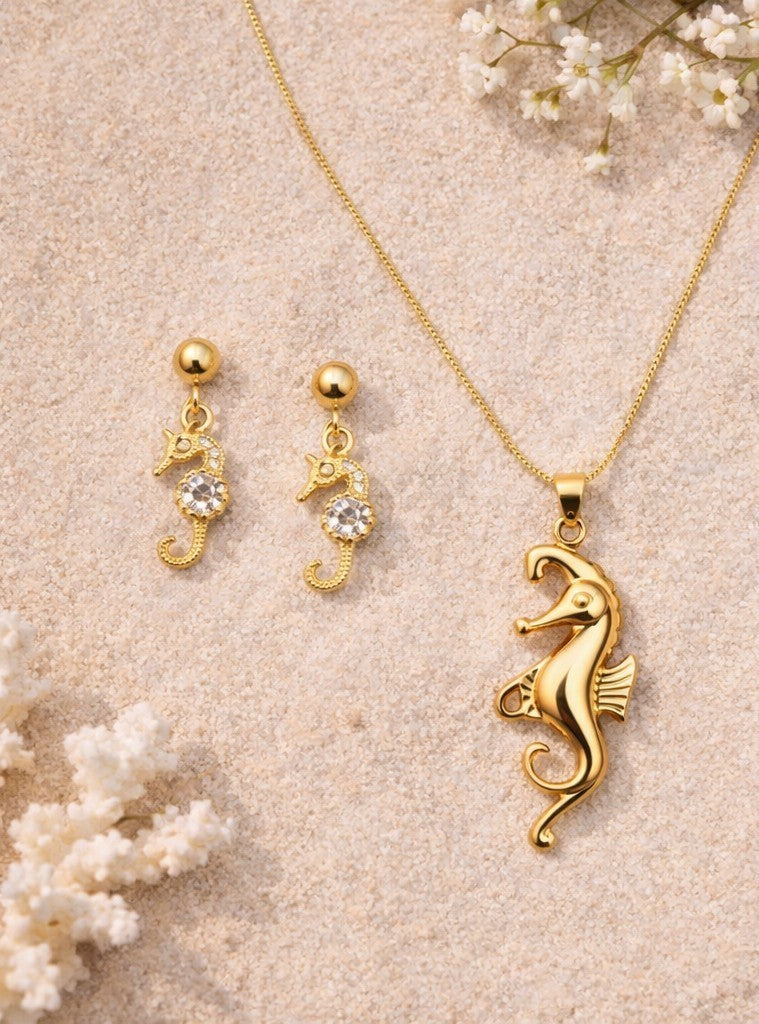 18K Gold Plated Seahorse CZ Necklace & Earrings Set Ocean Jewelry Gift for Her4