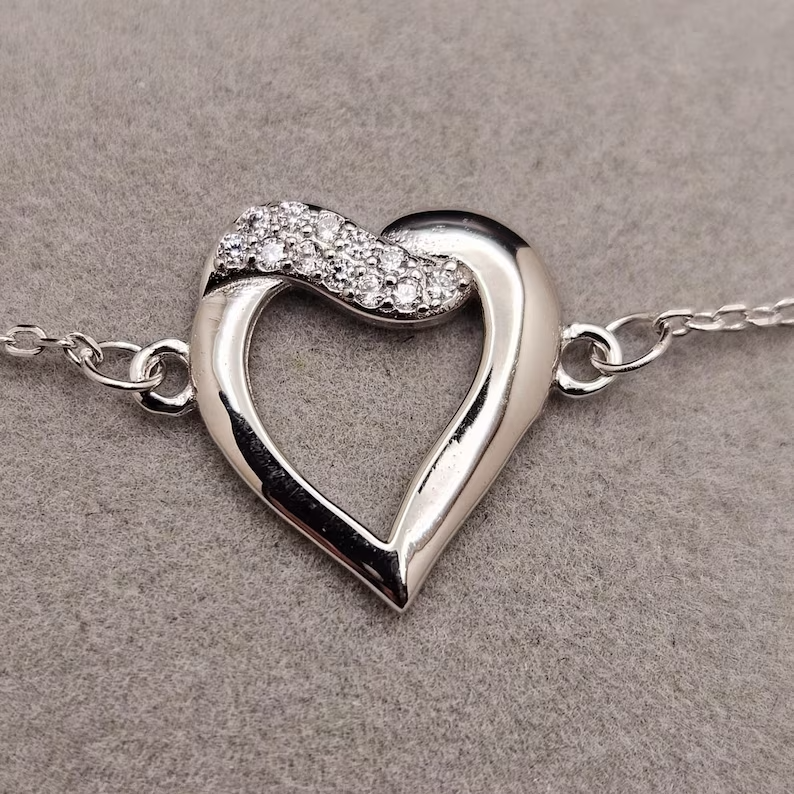 925 Sterling Silver Bracelet, Cubic Zirconia Heart Design, Dainty Jewelry0