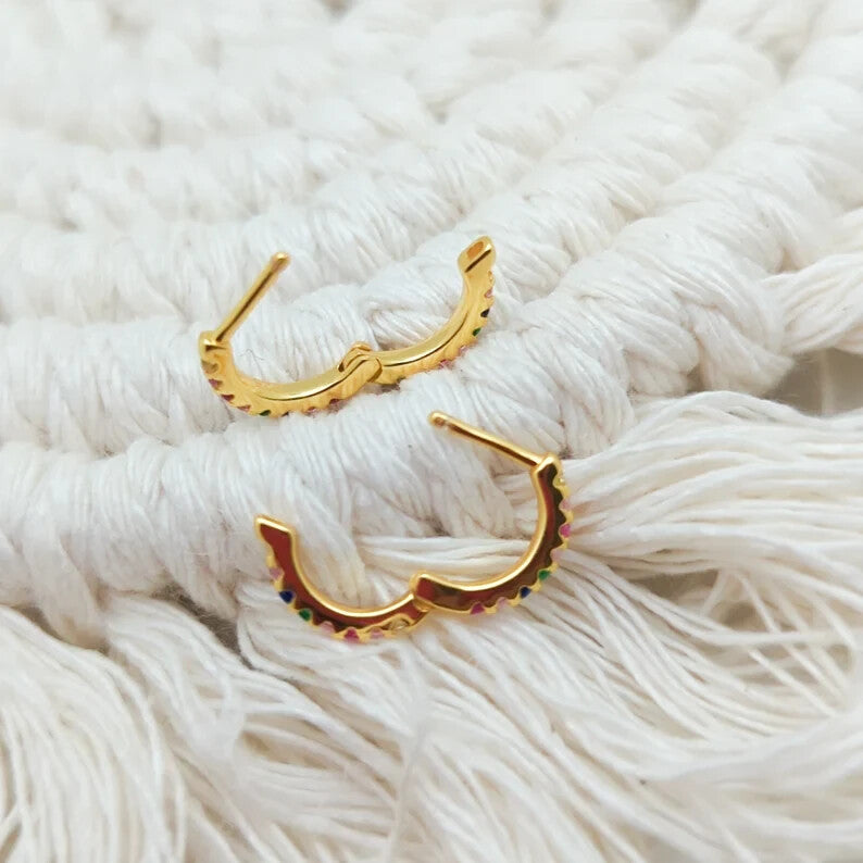 18K Gold Plated Multi-Color Cubic Zirconia Mini Hoop Earrings for Kids or Adults3